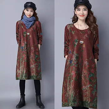 【NUMI】森-復古叢林印花加厚連衣裙50366(M-2XL可選)L棕紅色