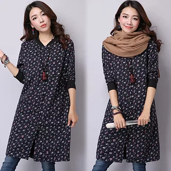 【NUMI】森-經典碎花立領長版外套-共2色50400(M-2XL可選)XL藍色