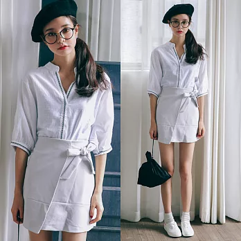 【A.Cheter】棉麻感七分袖V領上衣605220074L白