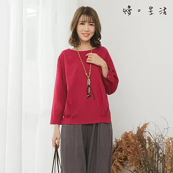 【慢。生活】縮口剪裁素色棉麻上衣(3色)-F　FREE紅