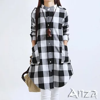 【AnZa】中長款長袖棉料格紋襯衫(2色)XL黑白格