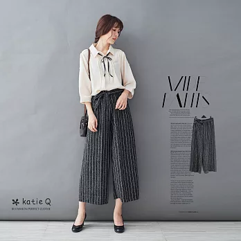 【KatieQ】綁帶厚麻通勤修飾寬口褲(4色)-F　FREE條紋黑