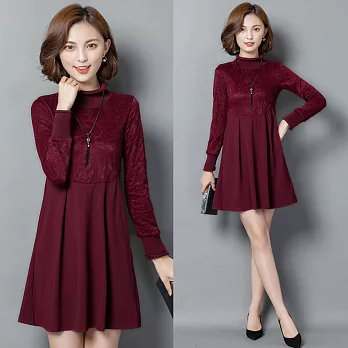 【MsMore】韓款蕾絲加絨小立領洋裝601500010L酒紅