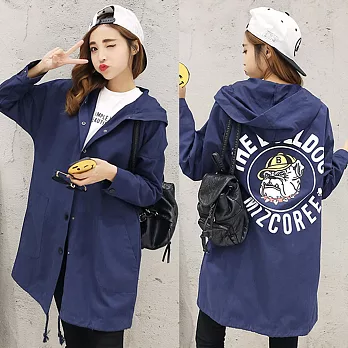 【Under more】歐美狗頭印花抽繩連帽風衣外套610120031L藍