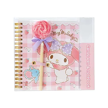 《Sanrio》美樂蒂線圈方格筆記本附棒棒糖造型原子筆