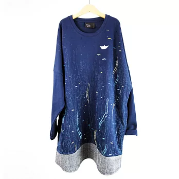 ：Urb.【水草與小紙船】長袖/拼接長版口袋洋裝F深藍