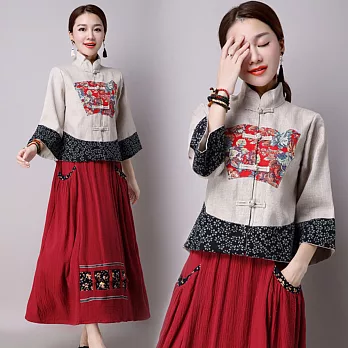 【NUMI】森-復古文藝短版修身盤扣上衣-共2色50520(M-2XL可選)M杏色