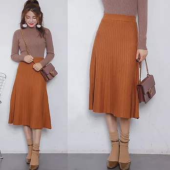 【MsMore】韓版鬆緊腰頭坑條紋毛織長裙610410002M卡其