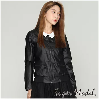 【名模衣櫃】圓領拉鍊口袋皮衣外套-31508(F可選)F黑色