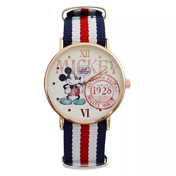 Disney 授權迪士尼系列 英倫風格多種顏色休閒帆布錶帶搭配玫金錶框- 1928 米奇