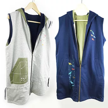 ：Urb.【雙面背心外套】恐龍橡皮擦+紙飛機跳格子 /FREE 灰綠+深藍