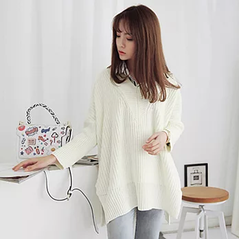 【MsMore】韓版寬鬆V領粗針織毛衣601220029F白