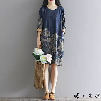 【慢。生活】文藝復古印花連身裙-F　FREE藍