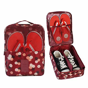 實用多功能雙層 鞋袋/萬用包 酒紅雛菊