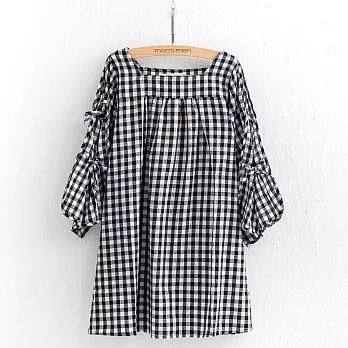 【morrii mori】袖子綁帶鏤空格紋上衣M黑色