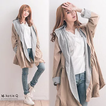 【KatieQ】雙色翻領束腰連帽外套(2色)-M-XL　M卡其