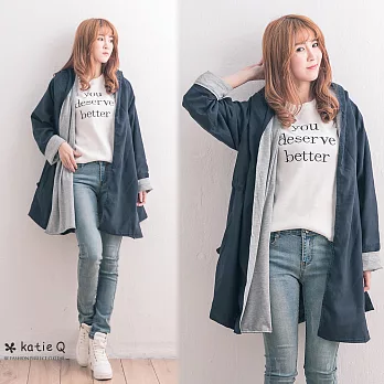 【KatieQ】雙色翻領束腰連帽外套(2色)-M-XL　M深藍
