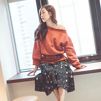 ROSE。韓版一字領厚刷毛上衣(附皮帶) 橘系