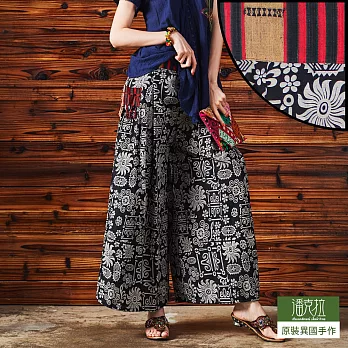 【潘克拉】方陣花紋編織腰寬口褲-F　FREE黑