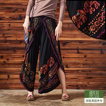 【潘克拉】蠟染手縫彩線波斯裙褲(大象)-F　FREE黑