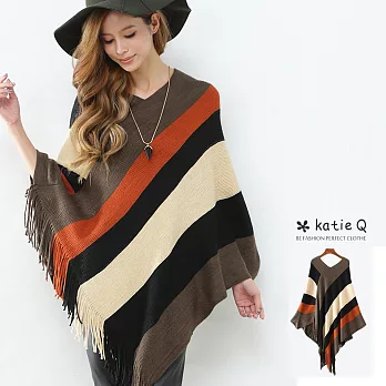 【KatieQ】撞色拼接毛呢披肩-F 　FREE橘