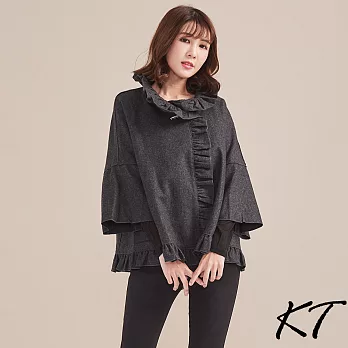 【KT】典雅荷葉邊羊毛披肩-F　FREE深灰