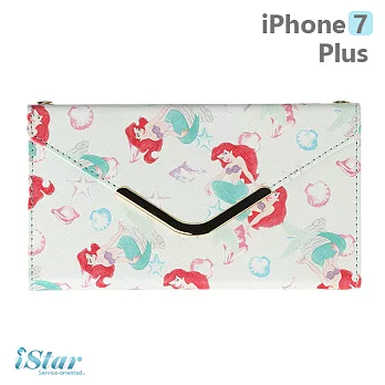 【日本 PGA-iJacket】iPhone7 Plus 正版迪士尼 皮革信封造型側翻式系列(附鏈帶) 手機包-美人魚