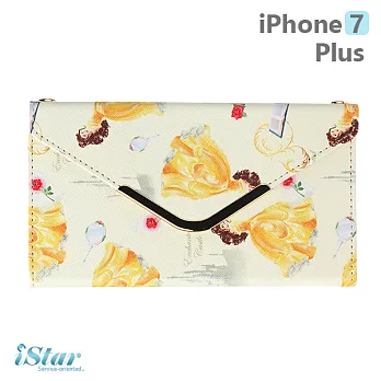 【日本 PGA-iJacket】iPhone7 Plus 正版迪士尼 皮革信封造型側翻式系列(附鏈帶) 手機包-貝拉