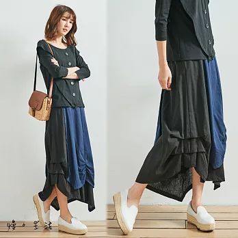 【慢。生活】雙層抓皺棉麻長裙(2色)-F　FREE藍