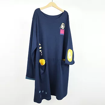 ：Urb.【吐司貓】長袖補丁口袋洋裝FREE深藍