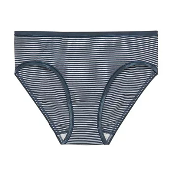 [MUJI無印良品]女有機棉混彈性無側縫中腰內褲XL煙燻藍橫紋