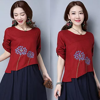 【NUMI】森-下擺特殊剪裁圓領印花上衣-共3色-50762(M-XL可選)M紅色