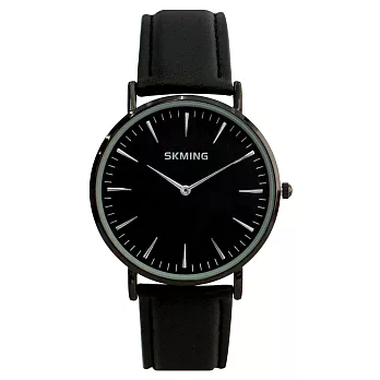 SKMING 優雅大方簡約刻度錶盤文青皮帶錶-黑色