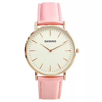 SKMING 優雅大方簡約刻度錶盤文青皮帶錶-粉色