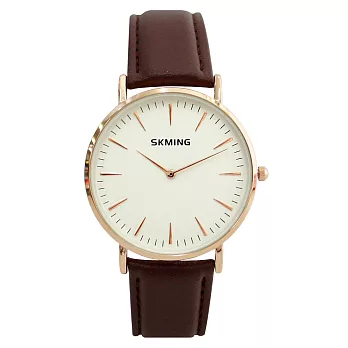 SKMING 優雅大方簡約刻度錶盤文青皮帶錶-咖色