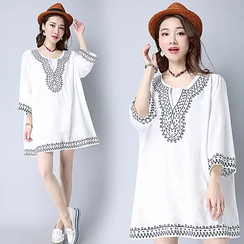 【NUMI】森-刺繡V領七分袖連衣裙-共2色-50770(F可選)F白色