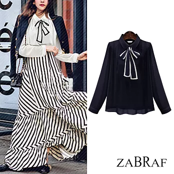 【BR】翻領蝴蝶結雪紡氣質顯瘦襯衫-共2色-80814(M-XL可選)M深藍色