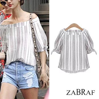【BR】一字領露肩百搭條紋上衣-白條紋-80819(M-XL可選)M白條紋