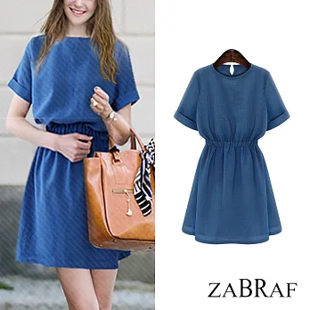 【BR】純色棉麻短袖圓領鬆緊腰連衣裙-共3色-80820(M-2XL可選)M淺藍色