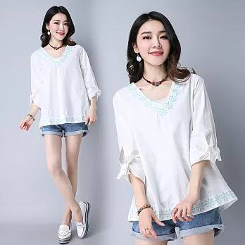 【NUMI】森-百搭刺繡V領蝴蝶結袖上衣-共3色-50790(M-2XL可選)M白色