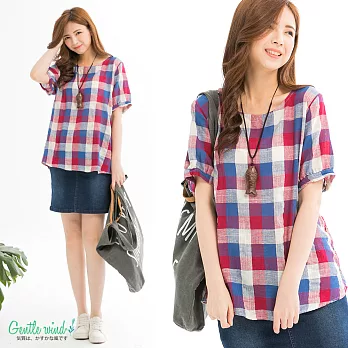 【Gentle wind】配色彩格寬上衣(2色)-F　FREE紅藍