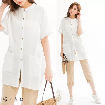 【慢。生活】素色文藝中長棉麻上衣-F　FREE白