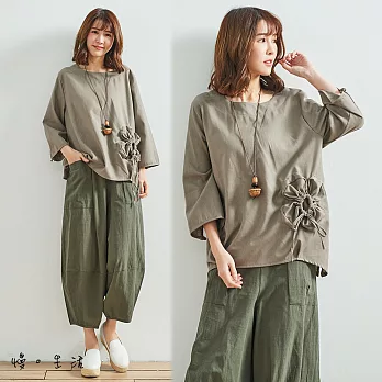 【慢。生活】抽繩花朵造型棉麻上衣(2色)-F　FREE卡