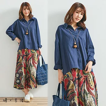 【慢。生活】交錯領寬版棉麻襯衫(2色)-F　FREE藍