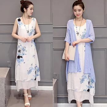 【A.Cheter】清新日系花卉棉麻罩衫洋裝2件組000051M藍