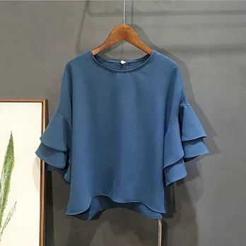 【AFINA】荷葉七分袖圓領上衣-共3色-10084(M/L可選)M藍色