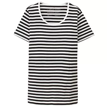 [MUJI無印良品]女有機棉針織圓領橫紋短袖T恤XS黑橫紋