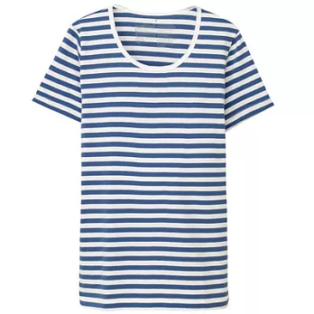 [MUJI無印良品]女有機棉針織圓領橫紋短袖T恤XS藍橫紋