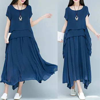 【A.Cheter】純棉麻柔感素色飄逸層次短袖洋裝100037M藍
