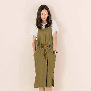 【A.Cheter】小清新棉麻抽繩吊帶裙兩件組100146M橄欖綠